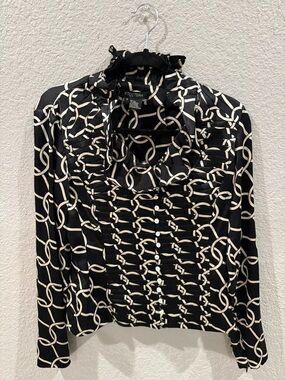 Etcetera Black & Cream Chain-Print Ruffle Button Down